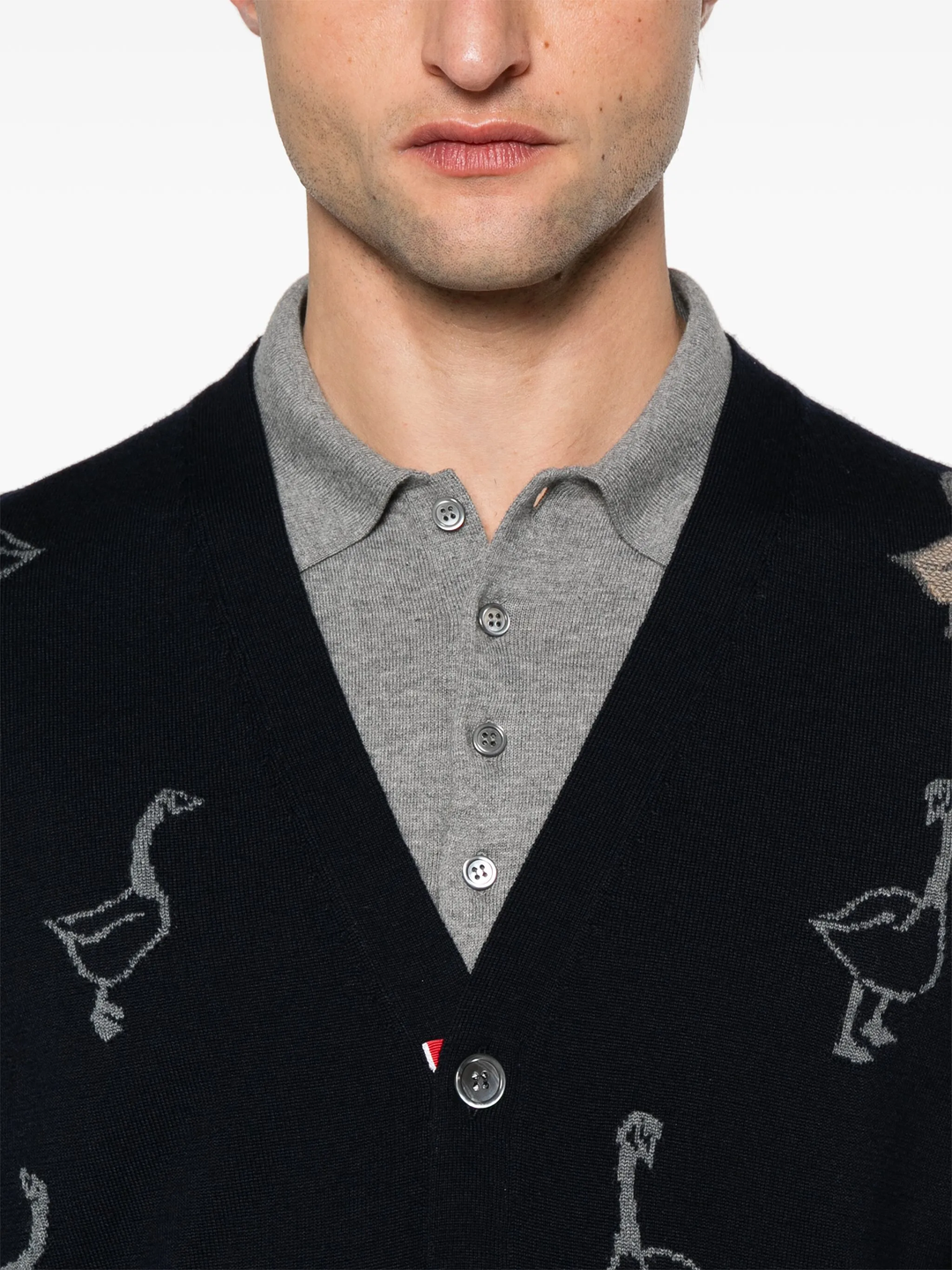 Geese Intarsia Merino Wool Relaxed Fit V Neck Cardigan Men