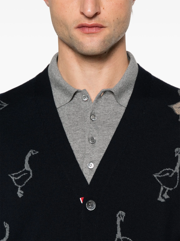 Geese Intarsia Merino Wool Relaxed Fit V Neck Cardigan Men