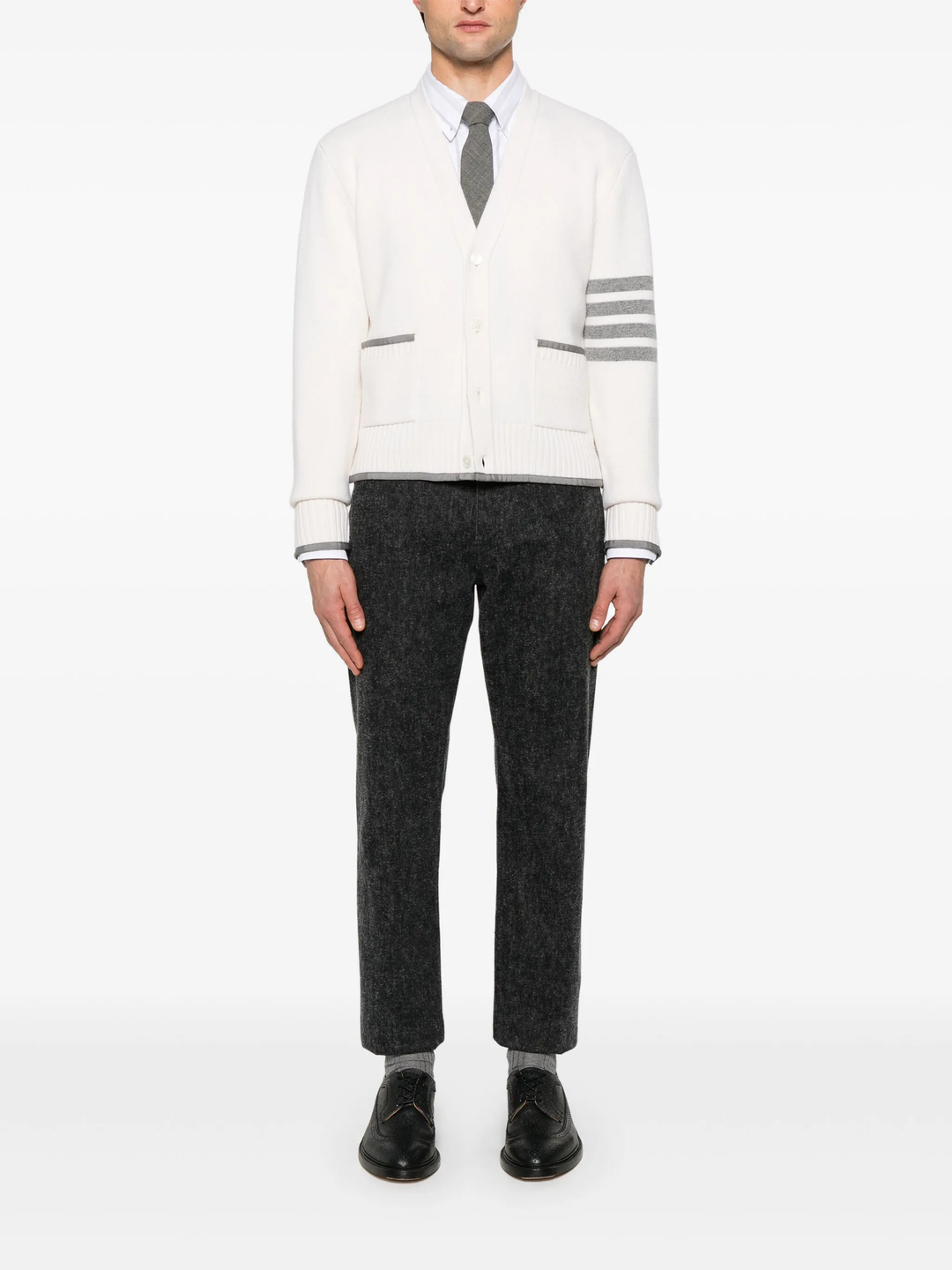 Milano Stitch Merino Wool 4-Bar V Neck Cardigan