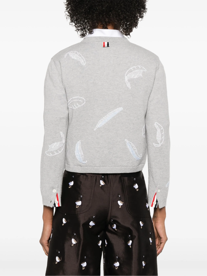 Feather Intarsia Printed Silk Twill Crew Neck Cardigan Women