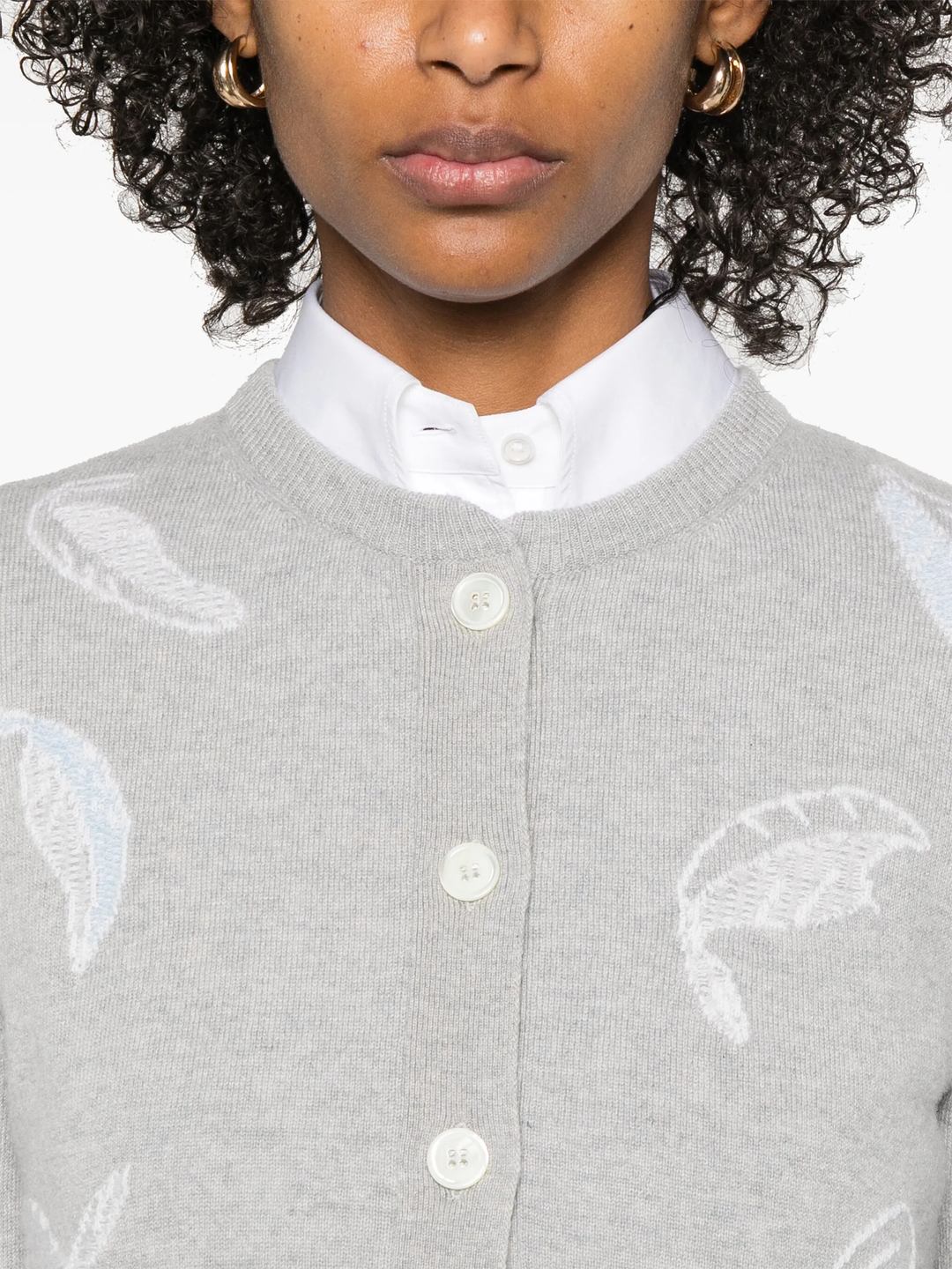 Feather Intarsia Printed Silk Twill Crew Neck Cardigan Women