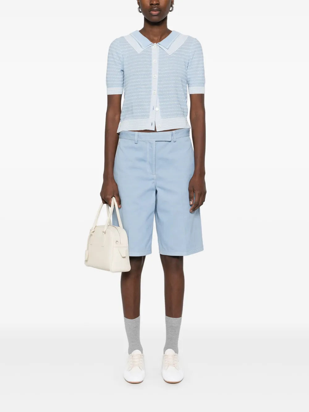 كارديجان نسائي بأكمام قصيرة بتصميم مخطط مع حياكة مدمجة