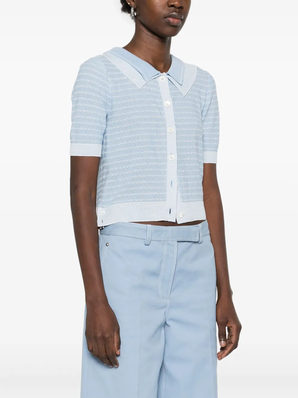 كارديجان نسائي بأكمام قصيرة بتصميم مخطط مع حياكة مدمجة