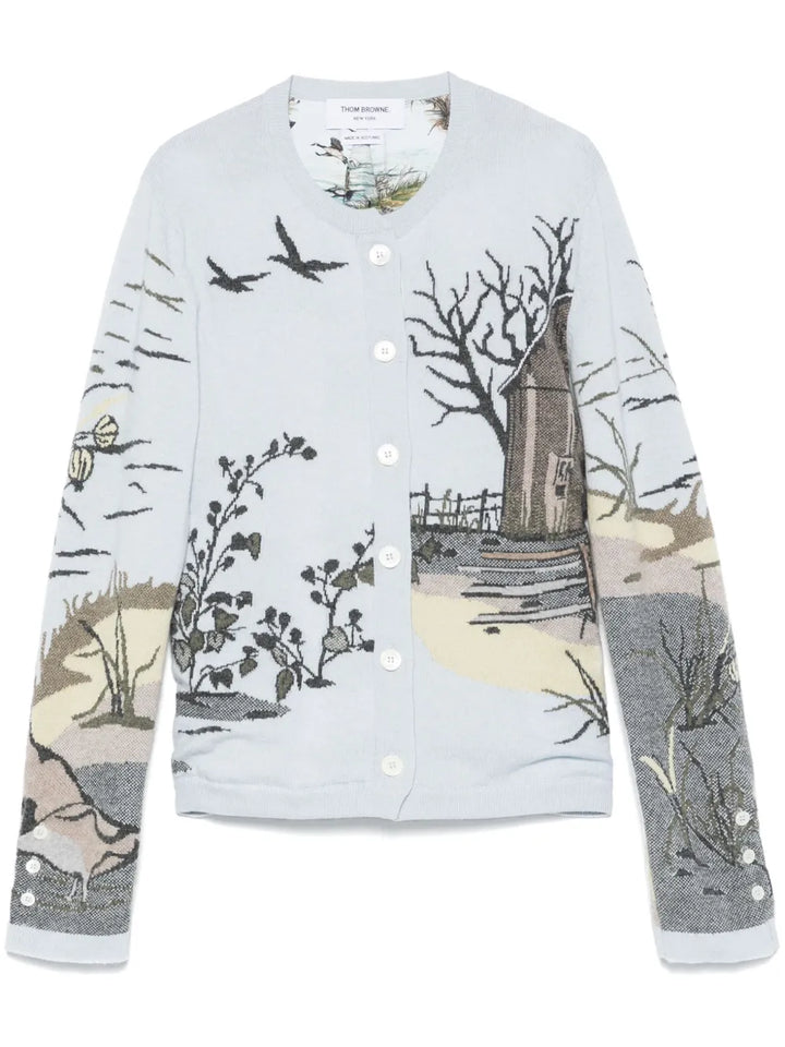 Scenic Intarsia Silk Twill Cashmere Cardigan Women