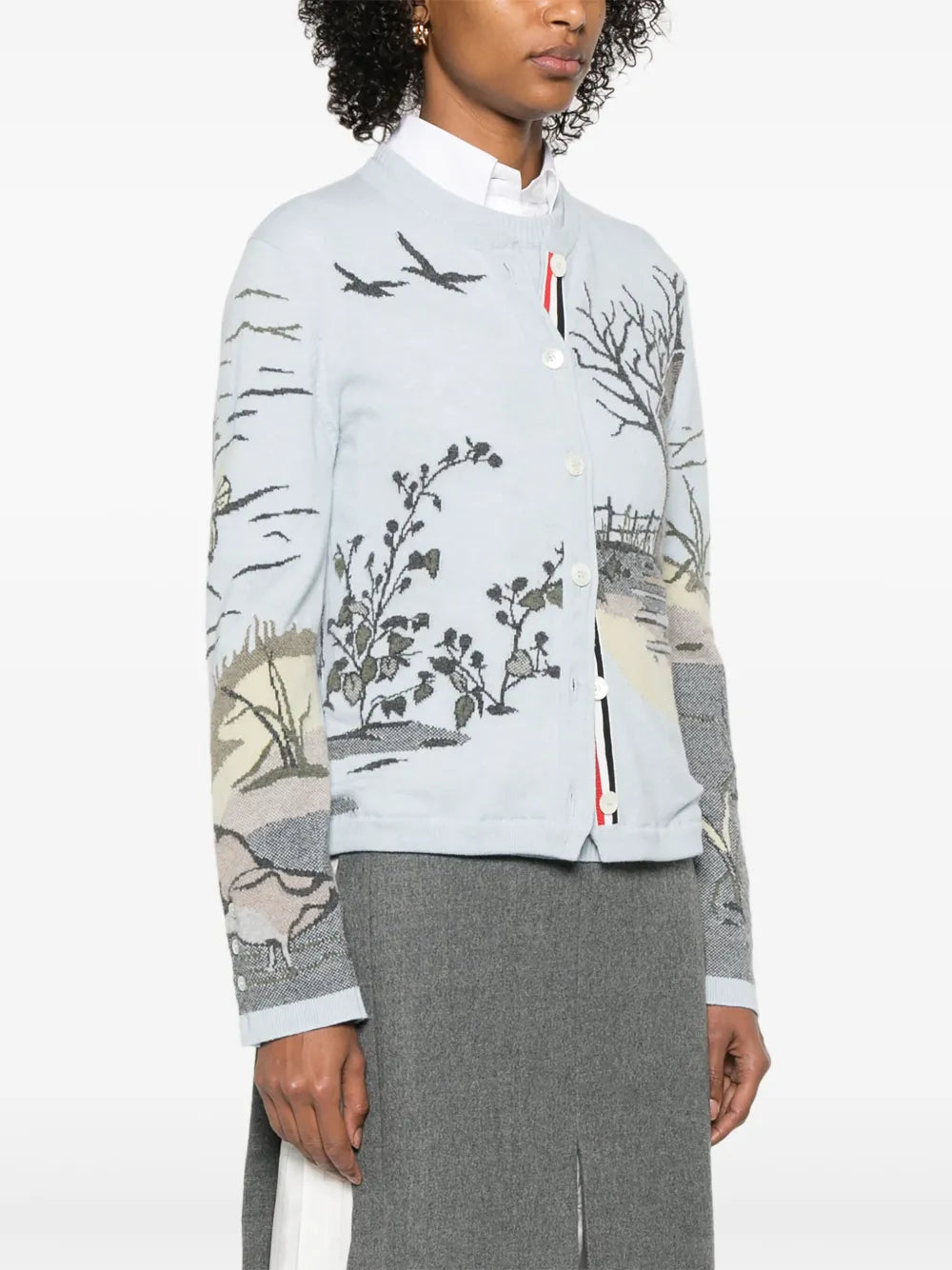 Scenic Intarsia Silk Twill Cashmere Cardigan Women