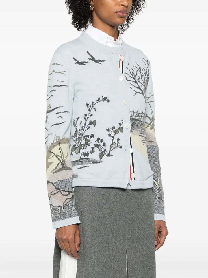 Scenic Intarsia Silk Twill Cashmere Cardigan Women