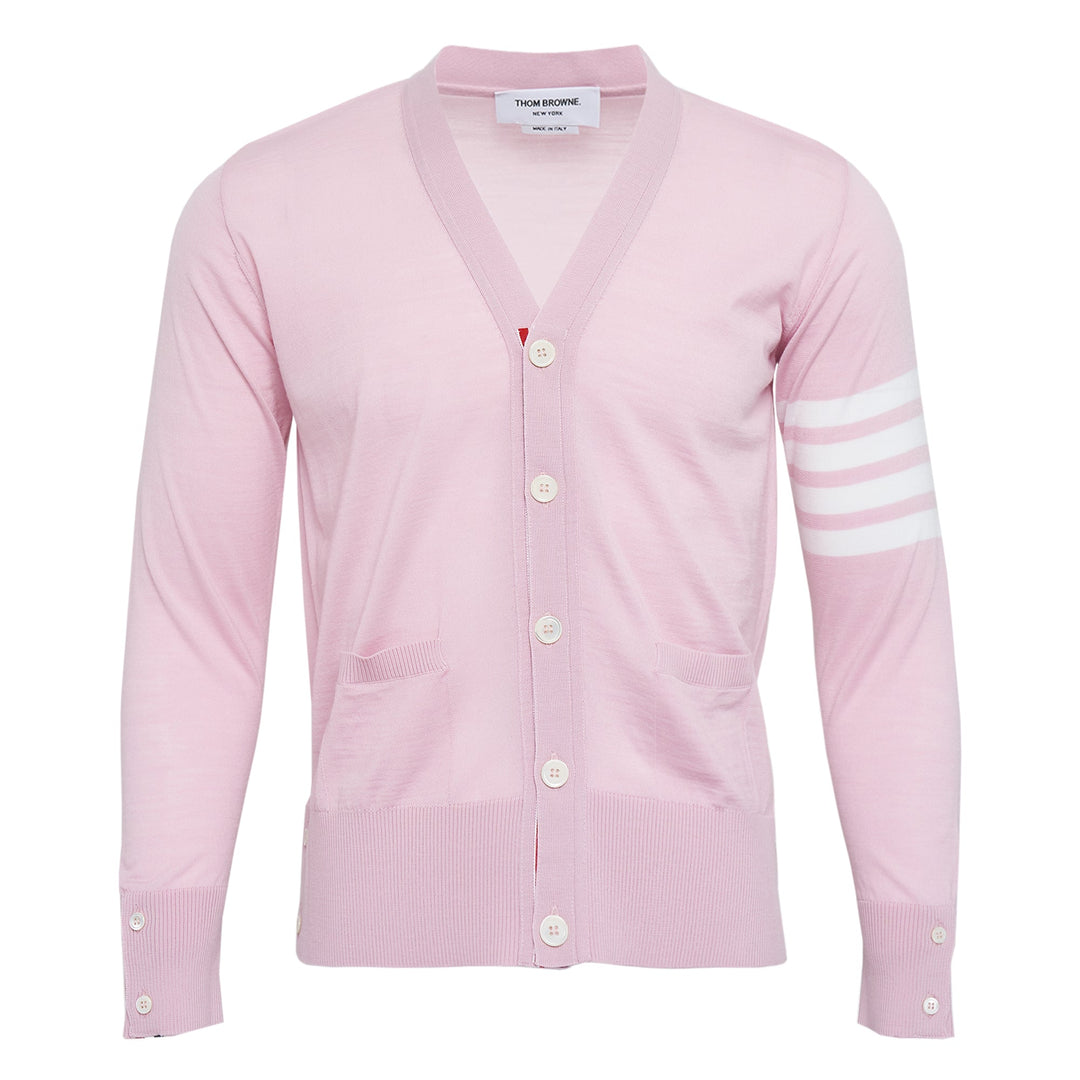 Thom Browne Classic V-Neck Cardigan in light blue with signature 4-Bar white stripe on sleeve and white button front placket