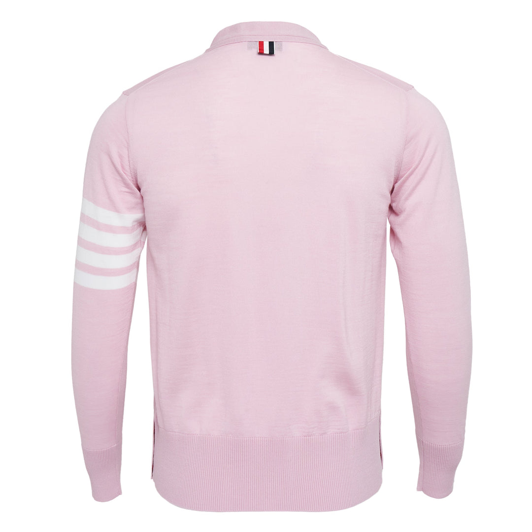 Thom Browne Classic V-Neck Cardigan in light blue with signature 4-Bar white stripe on sleeve and white button front placket