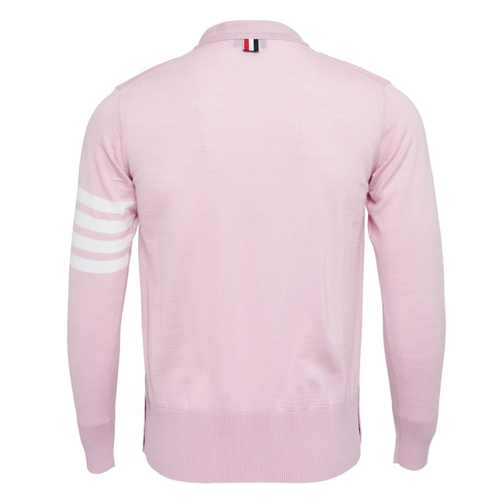 Thom Browne Classic V-Neck Cardigan in light blue with signature 4-Bar white stripe on sleeve and white button front placket