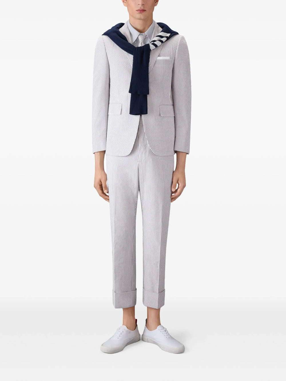 Thom Browne Oxford Short Sleeve Shirt in light grey with point collar, button-down tabs, chest patch pocket, and signature brand label at hem
