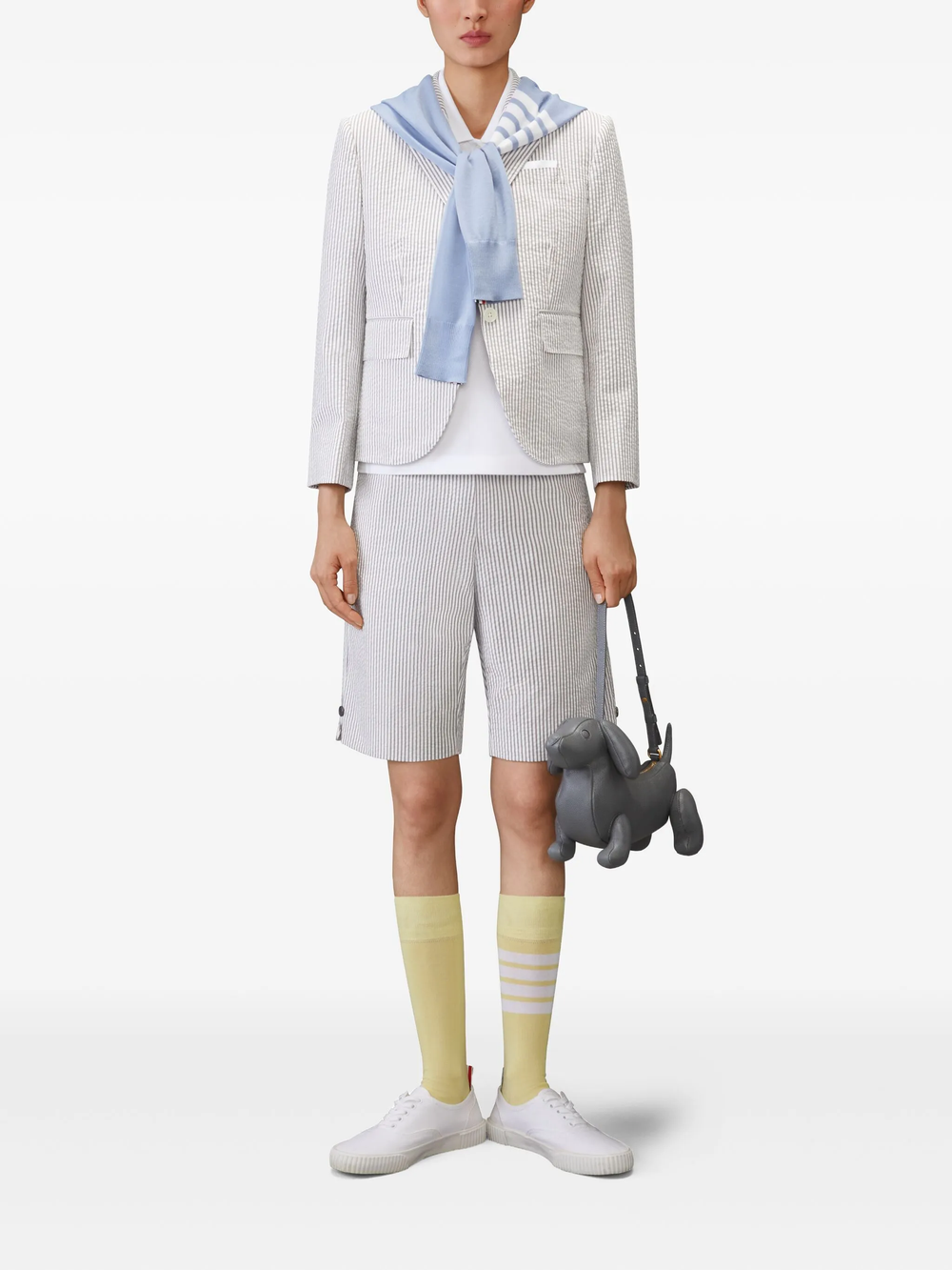 Thom Browne Short Sleeve Rib Cuff Polo in light blue piqué cotton with spread collar, four-button placket and signature stripe grosgrain tab