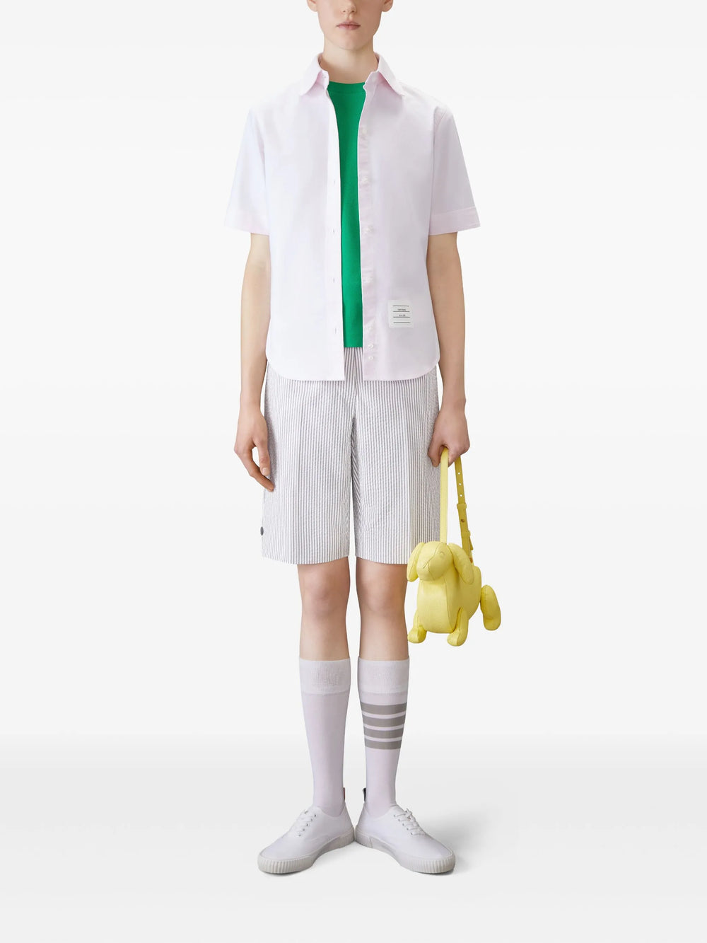 Thom Browne Classic Piqué 4-Bar Tee in emerald green with signature striped collar trim and brand label patch, made in Italy