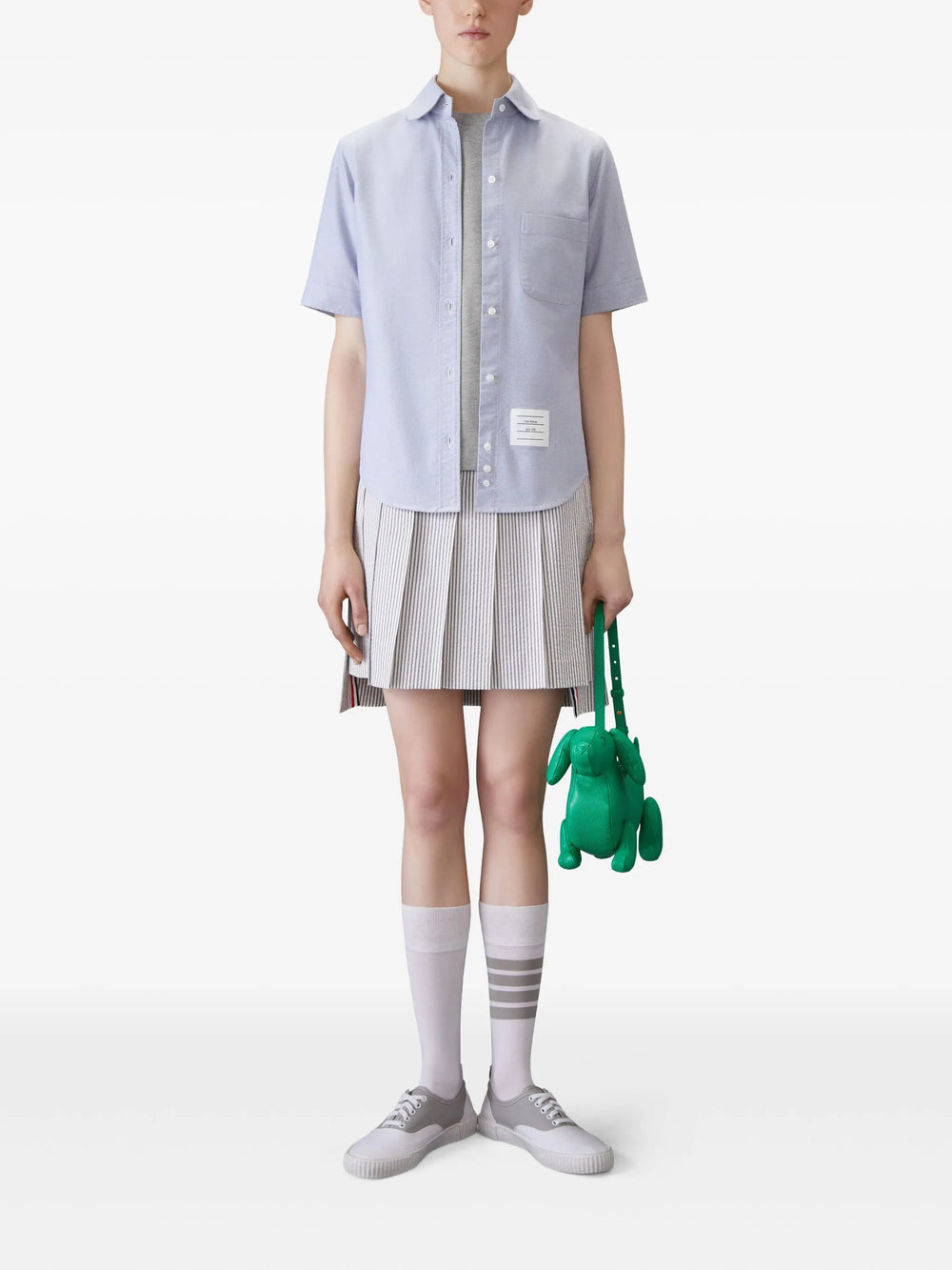 Thom Browne Classic Piqué 4-Bar Tee in emerald green with signature striped collar trim and brand label patch, made in Italy