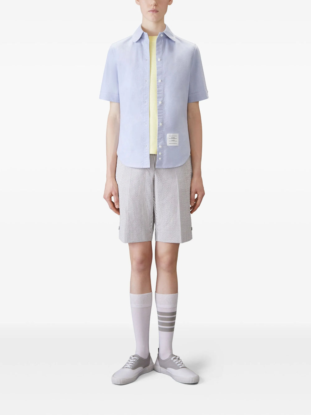 Thom Browne Classic Piqué 4-Bar Tee in emerald green with signature striped collar trim and brand label patch, made in Italy