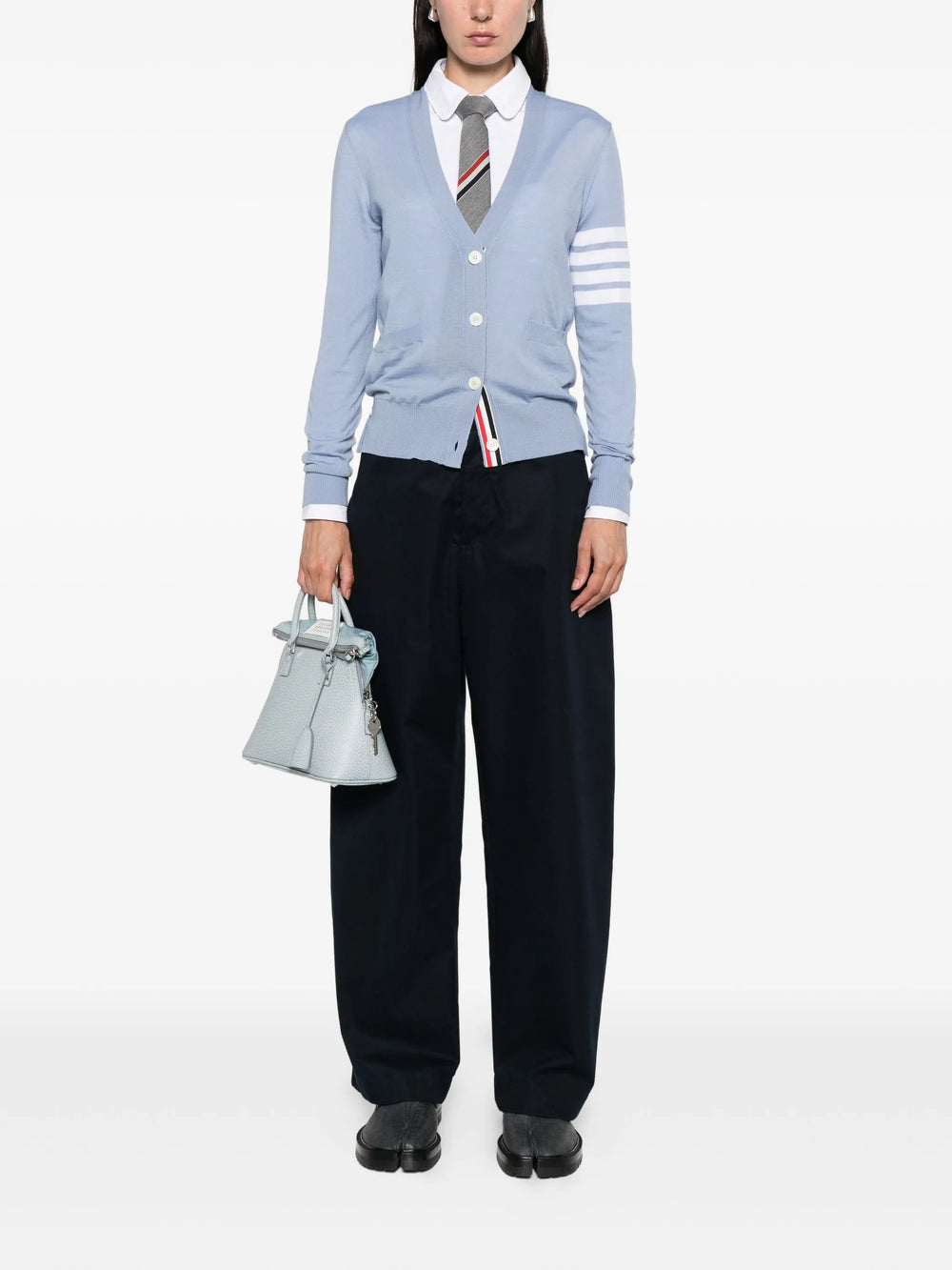 Thom Browne Relaxed Fit V-Neck Cardigan in vibrant green with white 4-Bar stripe on the sleeve and tricolor grosgrain placket