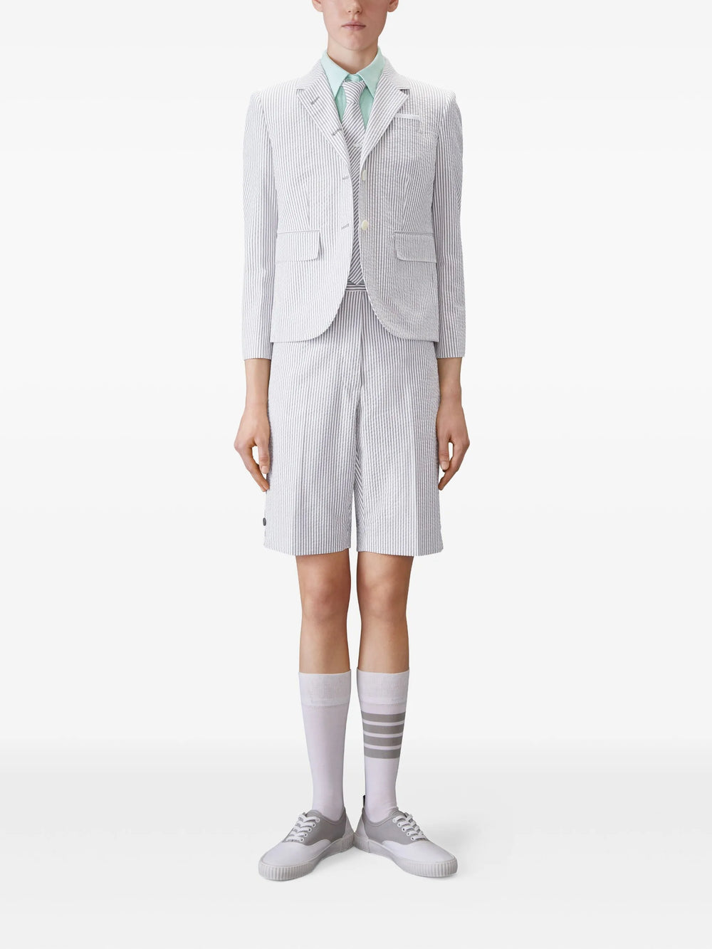 Thom Browne mint green oxford cropped short sleeve shirt with point collar, white buttons, chest pocket, and signature name-tag label