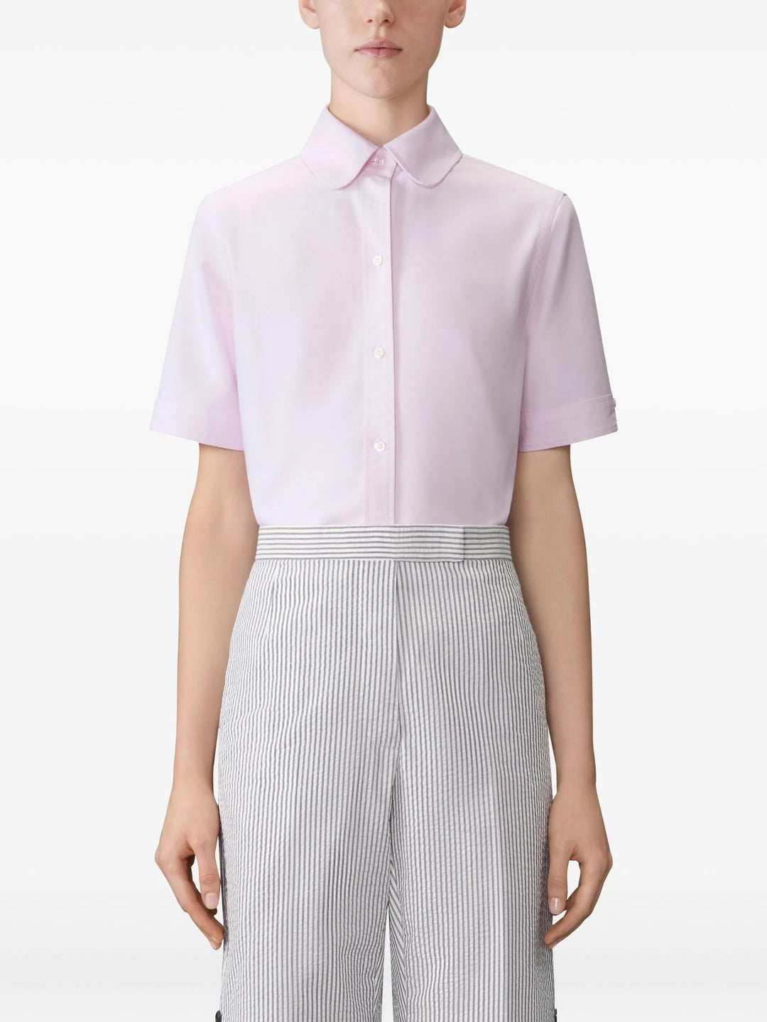 قميص نسائي بأكمام قصيرة وياقة دائرية من أكسفورد