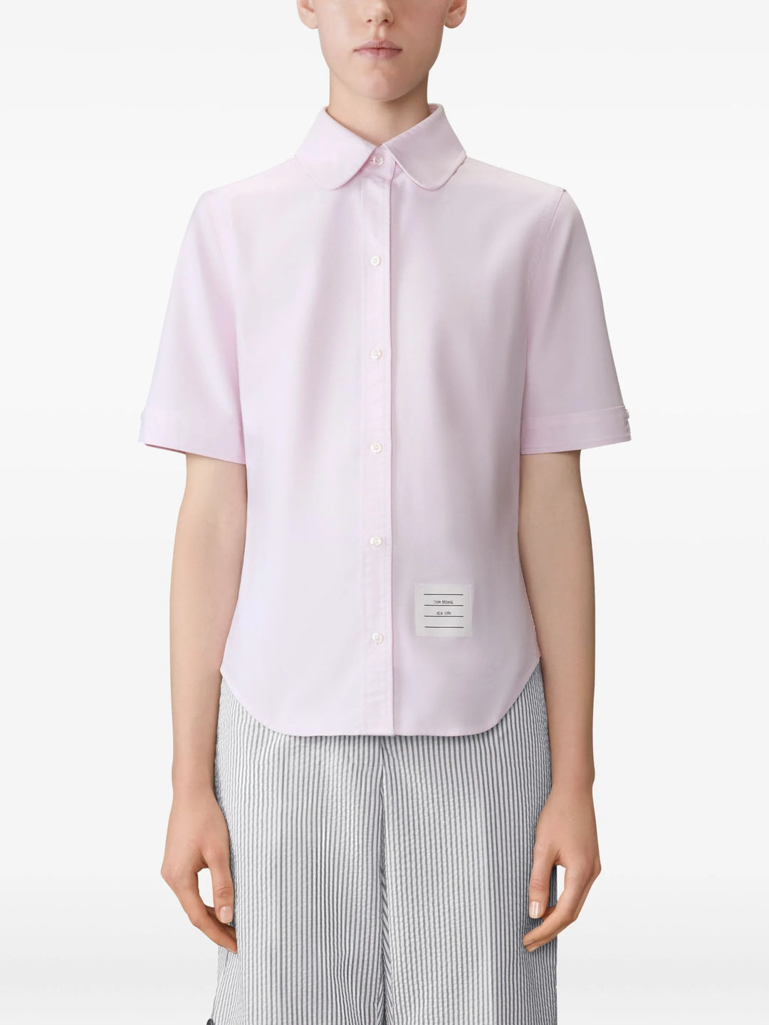 قميص نسائي بأكمام قصيرة وياقة دائرية من أكسفورد