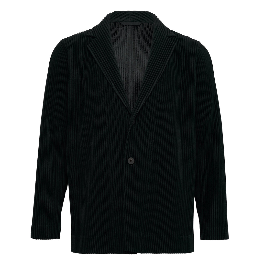 Homme Plissé Issey Miyake Basics Jacket in black — front view showing signature pleated fabric, notch lapel, and single-button closure