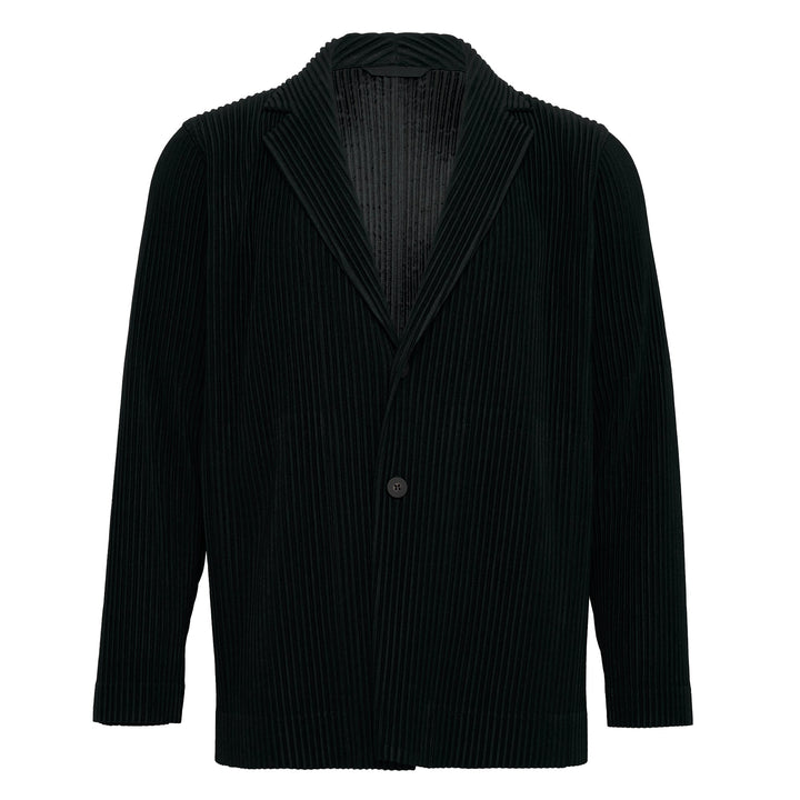 Homme Plissé Issey Miyake Basics Jacket in black — front view showing signature pleated fabric, notch lapel, and single-button closure