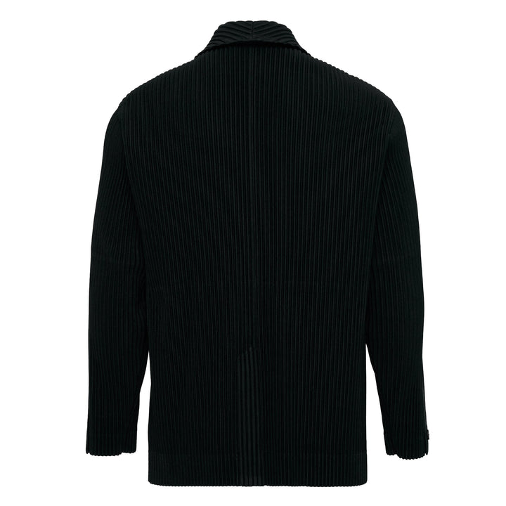 Homme Plissé Issey Miyake Basics Jacket in black — front view showing signature pleated fabric, notch lapel, and single-button closure