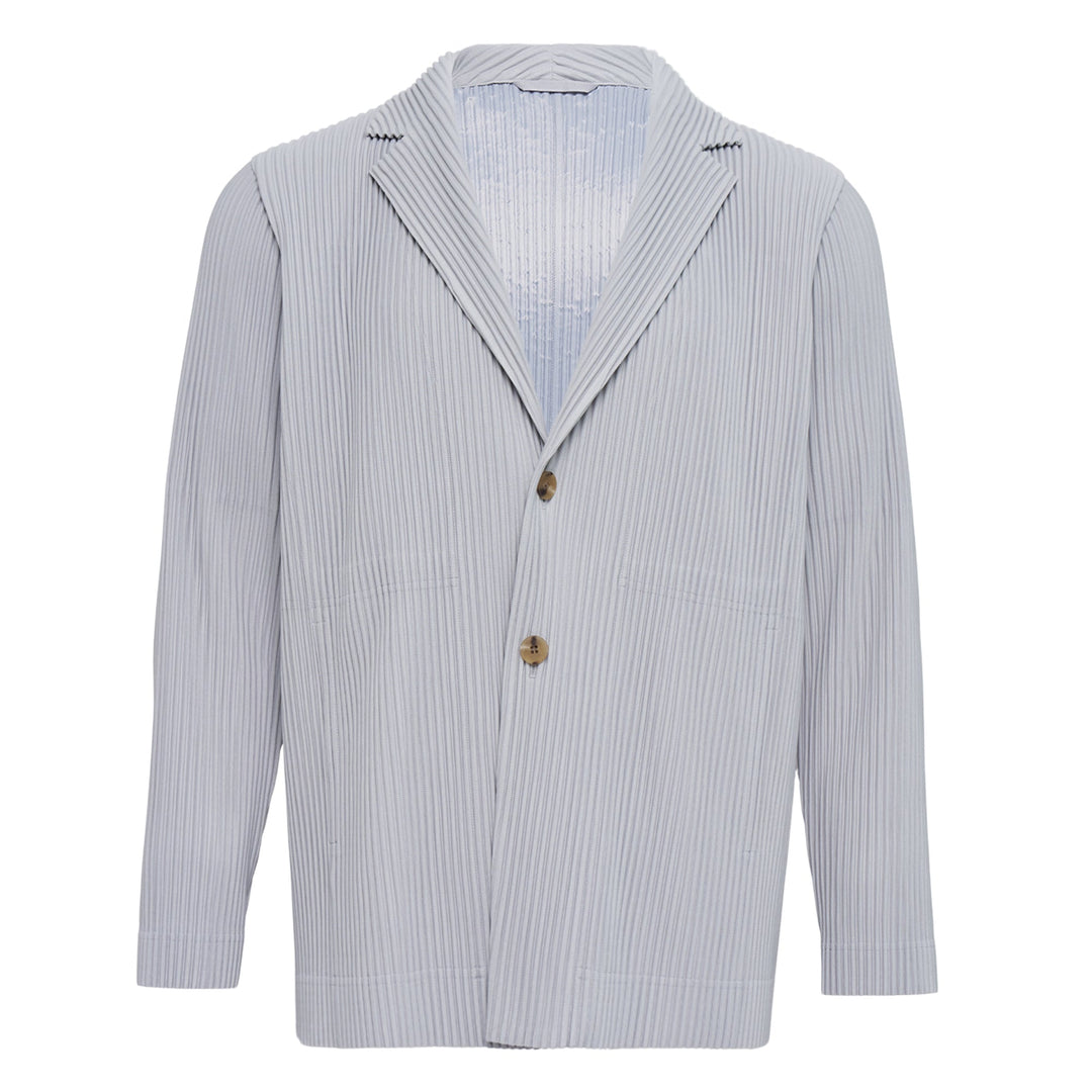 Homme Plissé Issey Miyake Basics Jacket in black — front view showing signature pleated fabric, notch lapel, and single-button closure