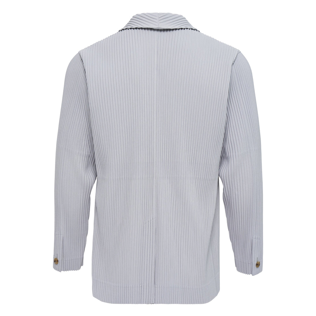 Homme Plissé Issey Miyake Basics Jacket in black — front view showing signature pleated fabric, notch lapel, and single-button closure
