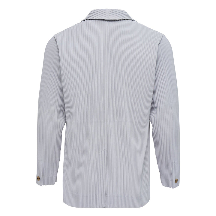 Homme Plissé Issey Miyake Basics Jacket in black — front view showing signature pleated fabric, notch lapel, and single-button closure