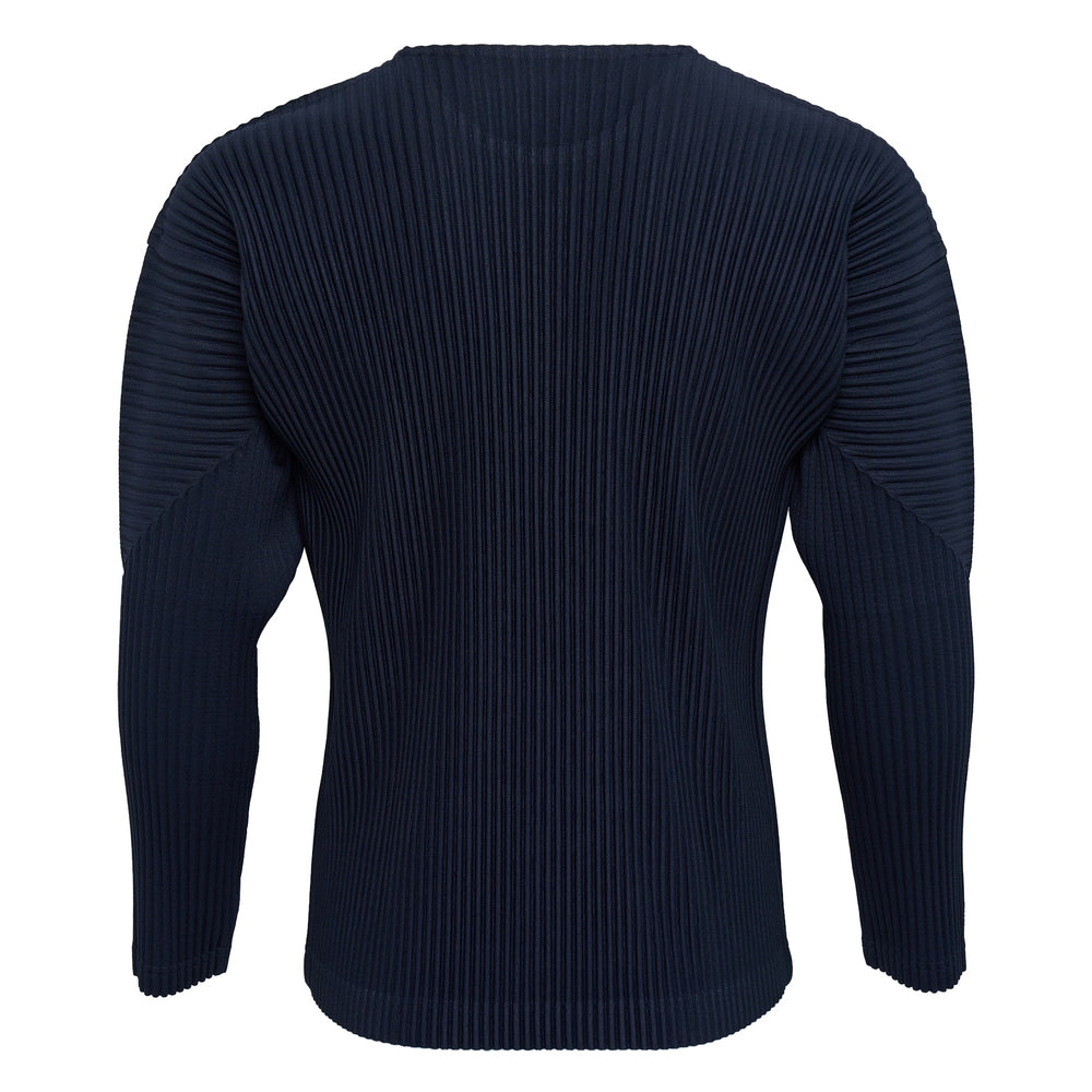 Homme Plissé Issey Miyake black fine pleated long sleeve crew neck top, front view on white background