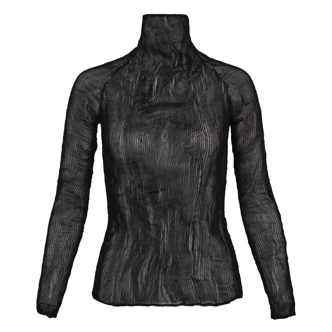 Issey Miyake Chiffon Twist Woven Top in black, featuring semi-sheer rippled pleated texture, high turtleneck collar and long sleeves, displayed on a form