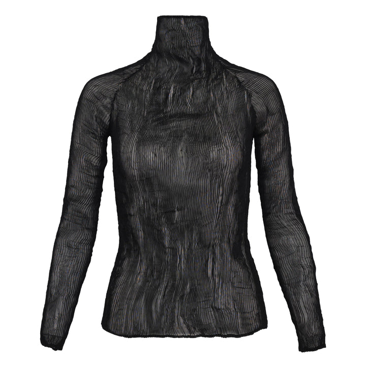 Issey Miyake Chiffon Twist Woven Top in black, featuring semi-sheer rippled pleated texture, high turtleneck collar and long sleeves, displayed on a form