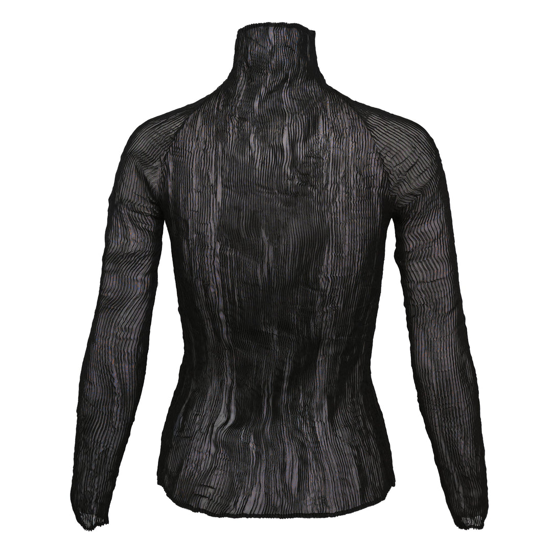 Issey Miyake Chiffon Twist Woven Top in black, featuring semi-sheer rippled pleated texture, high turtleneck collar and long sleeves, displayed on a form