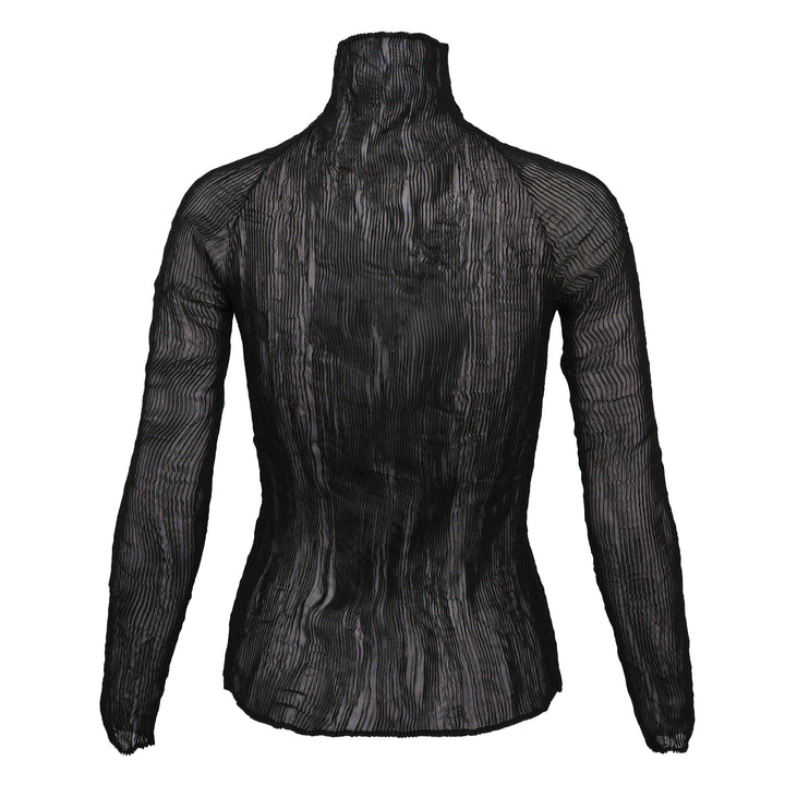 Issey Miyake Chiffon Twist Woven Top in black, featuring semi-sheer rippled pleated texture, high turtleneck collar and long sleeves, displayed on a form