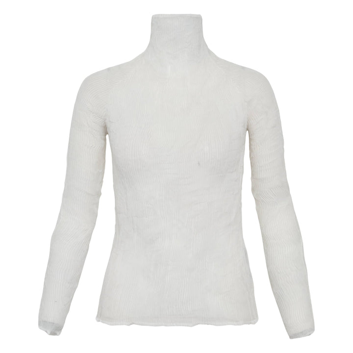 Issey Miyake Chiffon Twist Woven Top in black, featuring semi-sheer rippled pleated texture, high turtleneck collar and long sleeves, displayed on a form