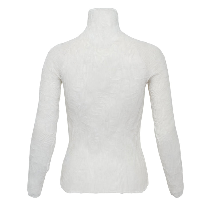 Issey Miyake Chiffon Twist Woven Top in black, featuring semi-sheer rippled pleated texture, high turtleneck collar and long sleeves, displayed on a form