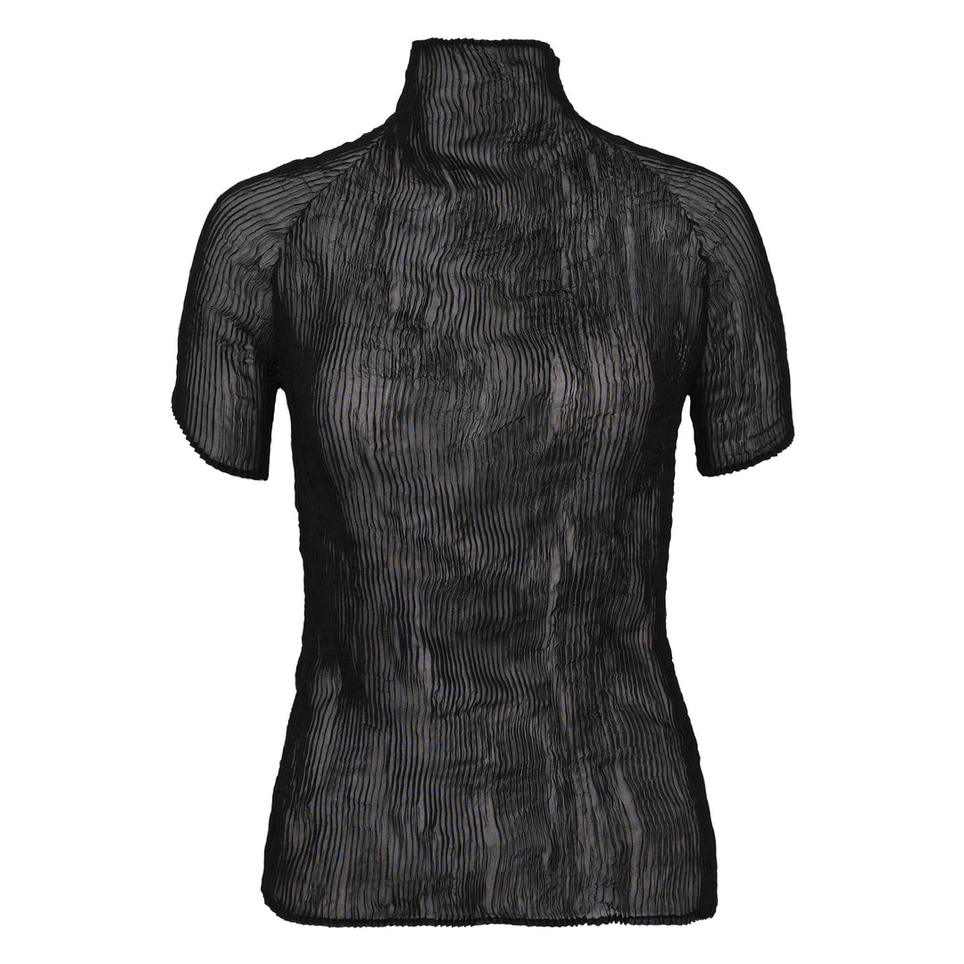 Issey Miyake black chiffon twist woven top with vertical wave pleating, mock turtleneck, and short sleeves on a mannequin torso