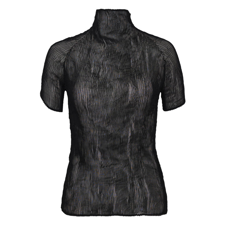 Issey Miyake black chiffon twist woven top with vertical wave pleating, mock turtleneck, and short sleeves on a mannequin torso