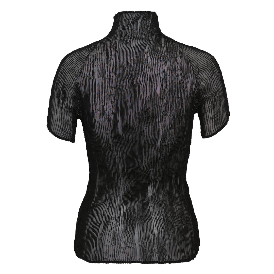 Issey Miyake black chiffon twist woven top with vertical wave pleating, mock turtleneck, and short sleeves on a mannequin torso