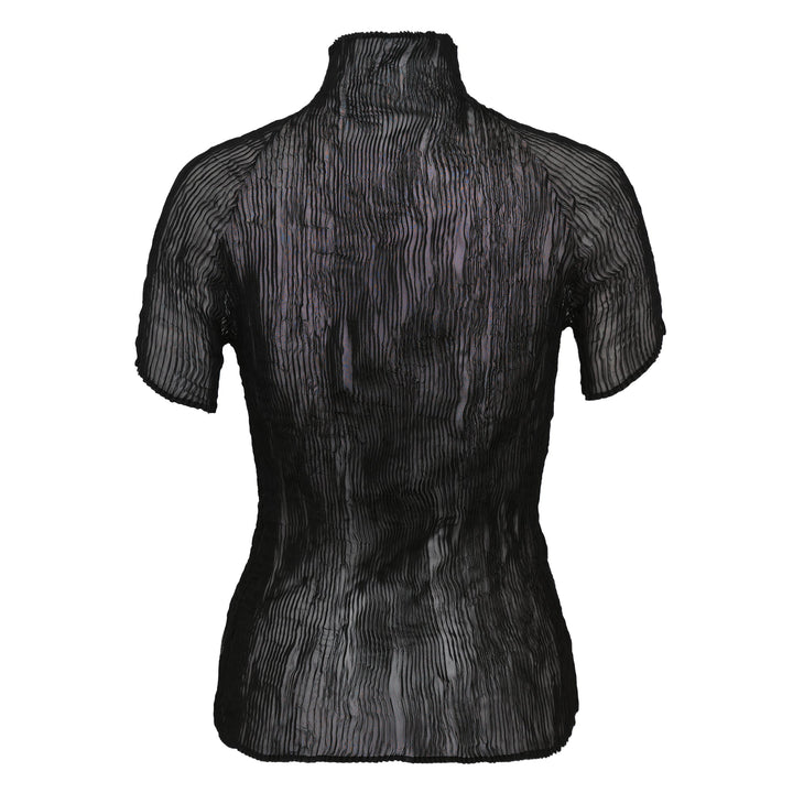 Issey Miyake black chiffon twist woven top with vertical wave pleating, mock turtleneck, and short sleeves on a mannequin torso