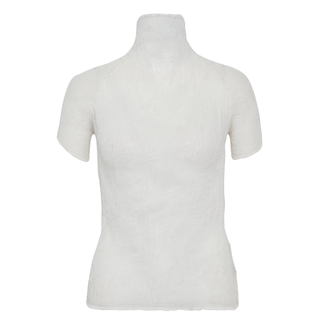 Issey Miyake black chiffon twist woven top with vertical wave pleating, mock turtleneck, and short sleeves on a mannequin torso