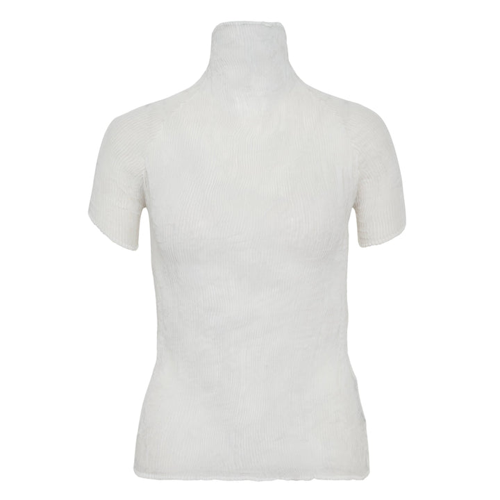 Issey Miyake black chiffon twist woven top with vertical wave pleating, mock turtleneck, and short sleeves on a mannequin torso