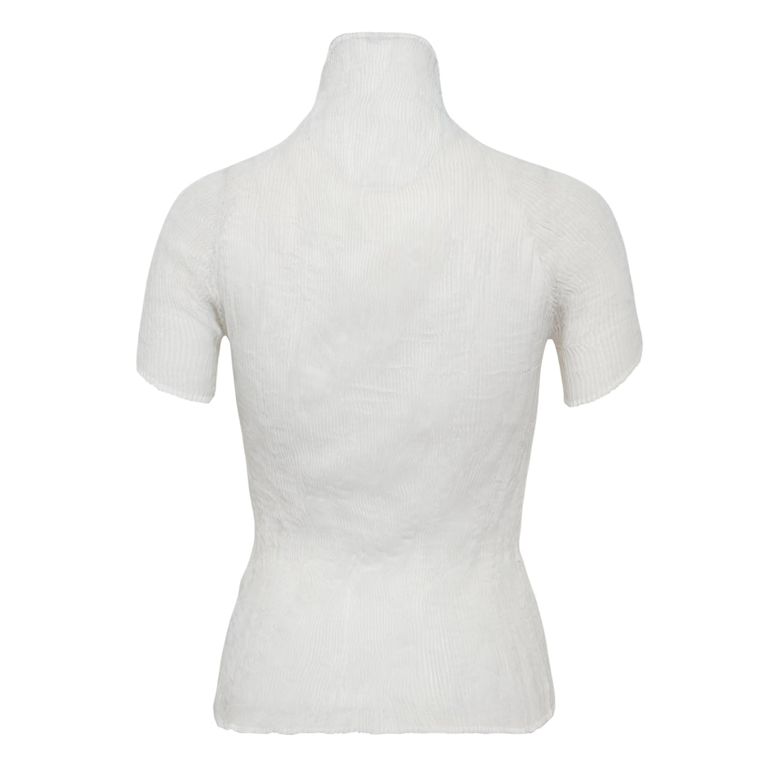 Issey Miyake black chiffon twist woven top with vertical wave pleating, mock turtleneck, and short sleeves on a mannequin torso