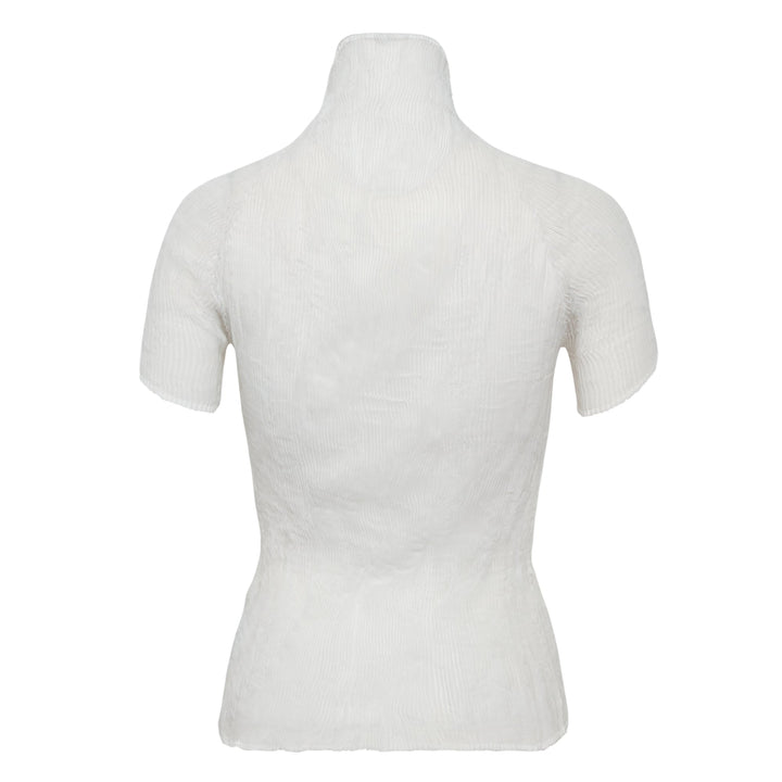 Issey Miyake black chiffon twist woven top with vertical wave pleating, mock turtleneck, and short sleeves on a mannequin torso