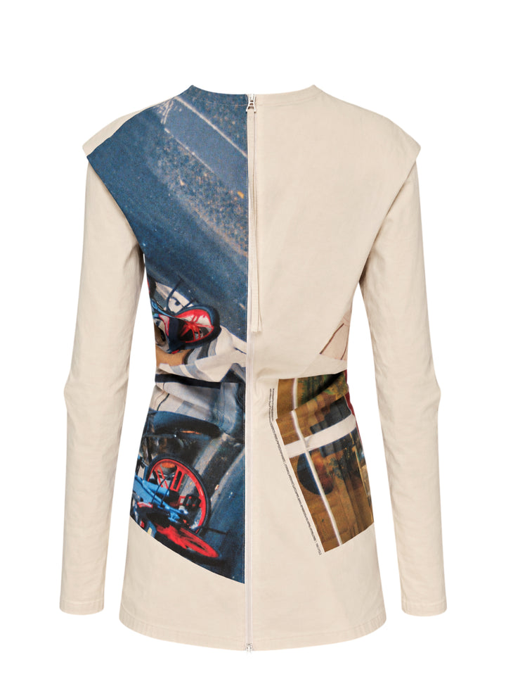 Issey Miyake Street View long sleeve top in beige with a photographic print of a burgundy door, passerby and bicycle across the body - view 2