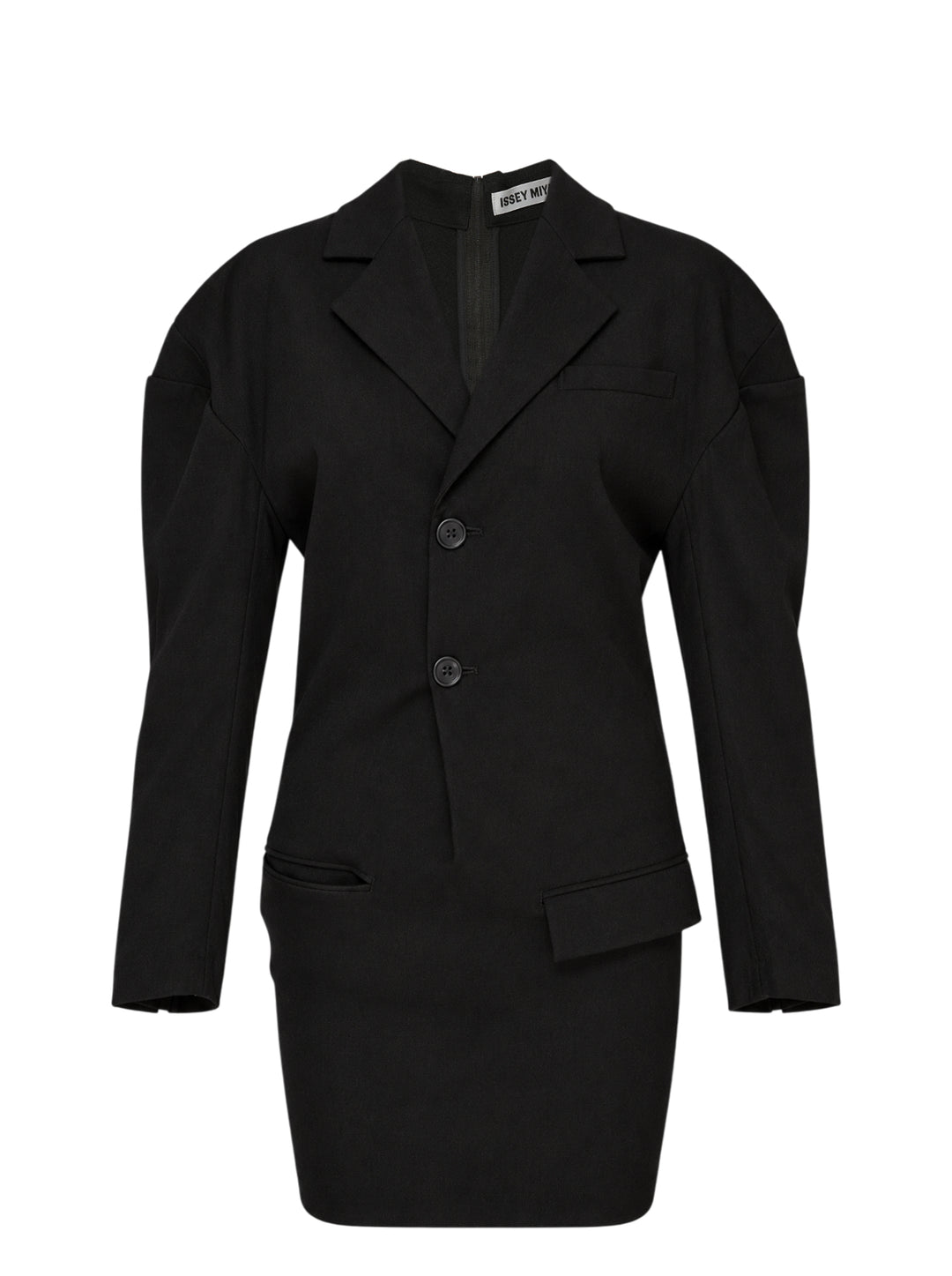 Issey Miyake Like Torso Like Blazer Tunic in black with notched lapel, sculpted rounded sleeves and asymmetric pockets