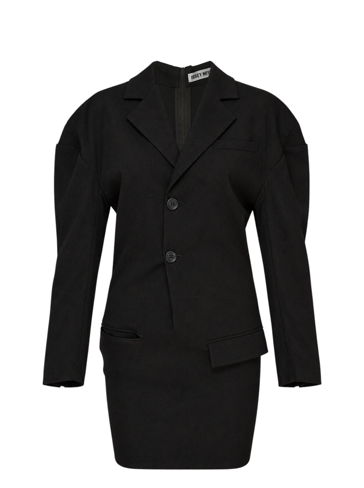 Issey Miyake Like Torso Like Blazer Tunic in black with notched lapel, sculpted rounded sleeves and asymmetric pockets