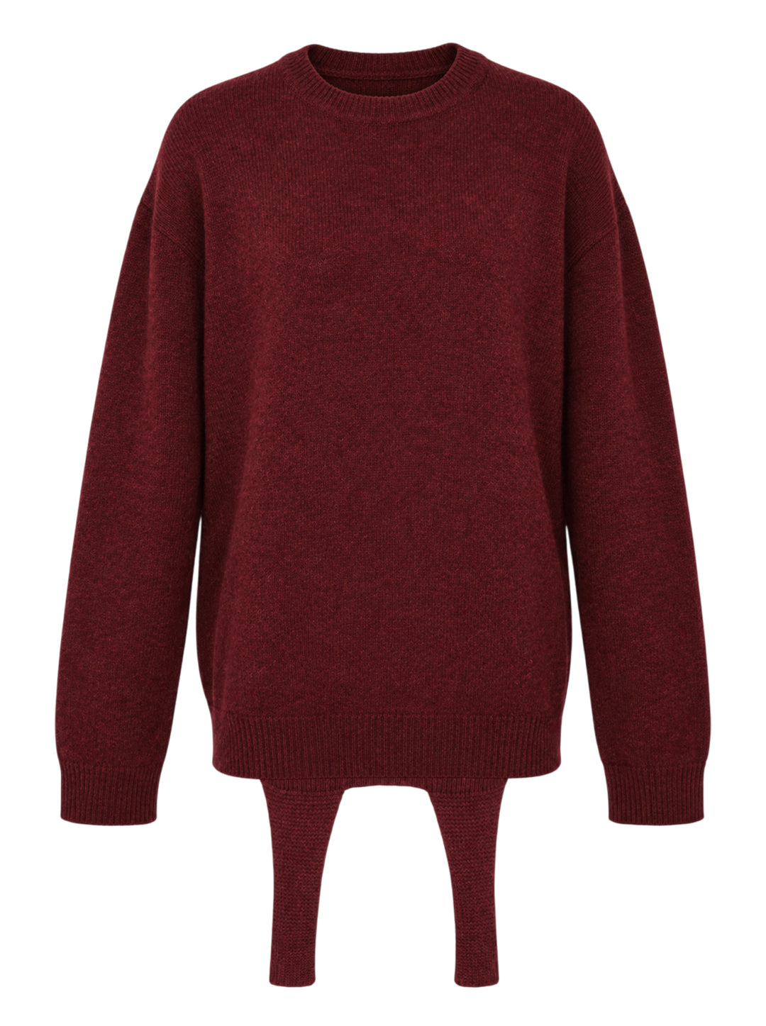 Issey Miyake burgundy oversized crewneck knit sweater with two knitted straps hanging from the hem