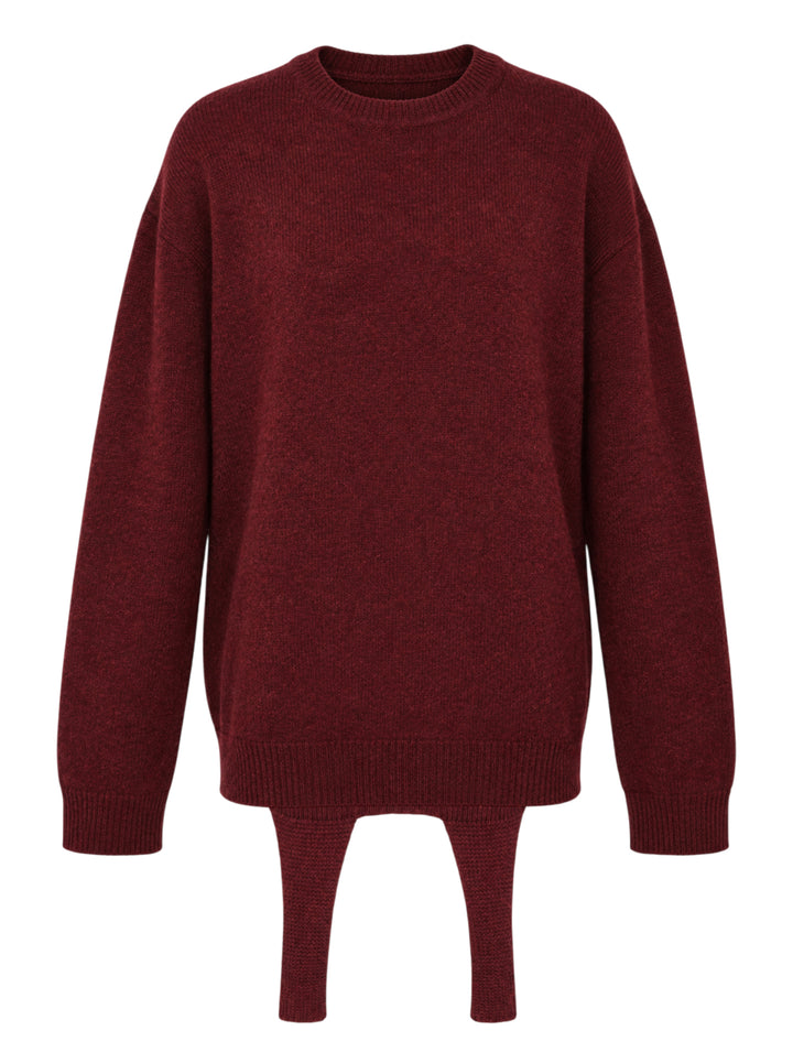 Issey Miyake burgundy oversized crewneck knit sweater with two knitted straps hanging from the hem