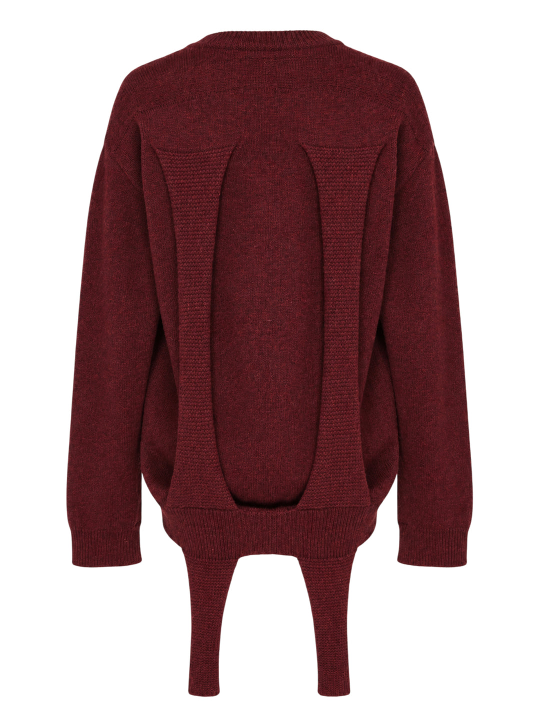Issey Miyake burgundy oversized crewneck knit sweater with two knitted straps hanging from the hem - view 2