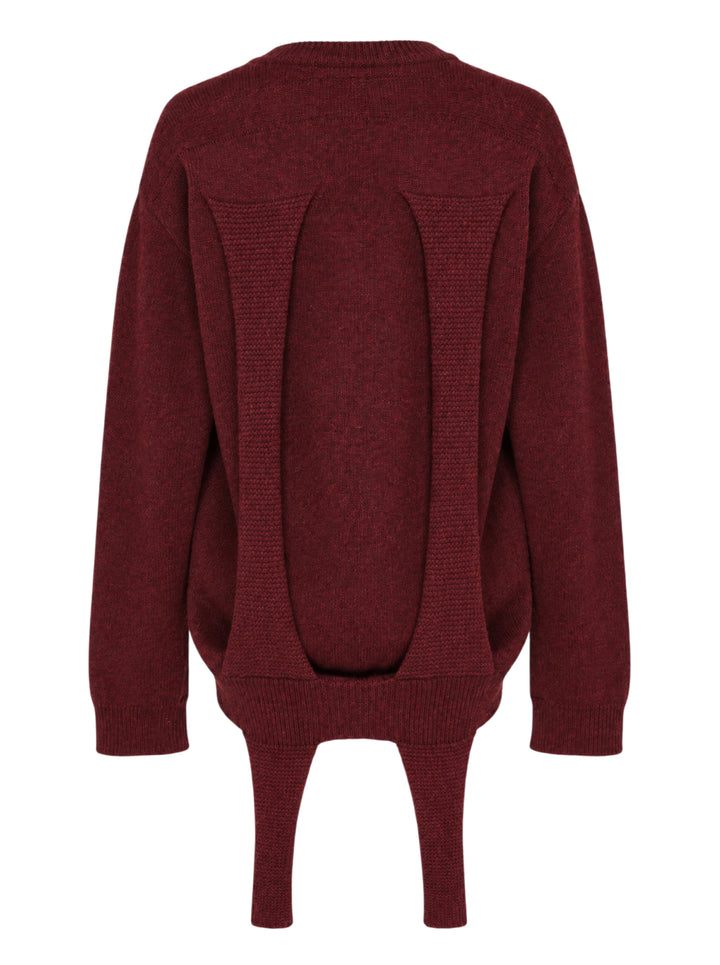 Issey Miyake burgundy oversized crewneck knit sweater with two knitted straps hanging from the hem - view 2